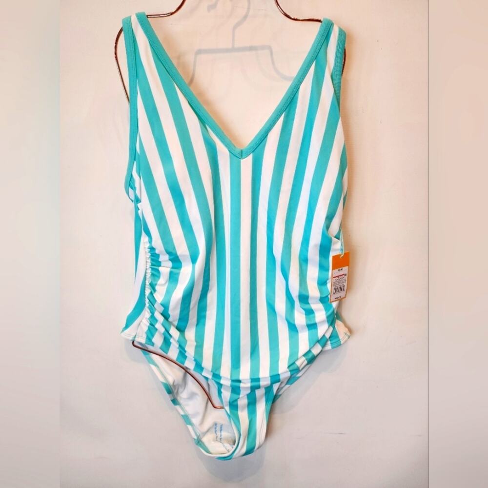 Kona Sol‎ Turquoise Striped One Piece Swimsuit Size 16W